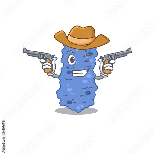 Cute handsome cowboy of burkholderia bacteria cartoon character with guns