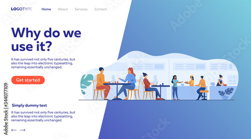 People eating in food court cafeterias. Cartoon characters sitting at cafe tables and having lunch or dinner. Vector illustration for restaurant interior, catering, shopping mall concept
