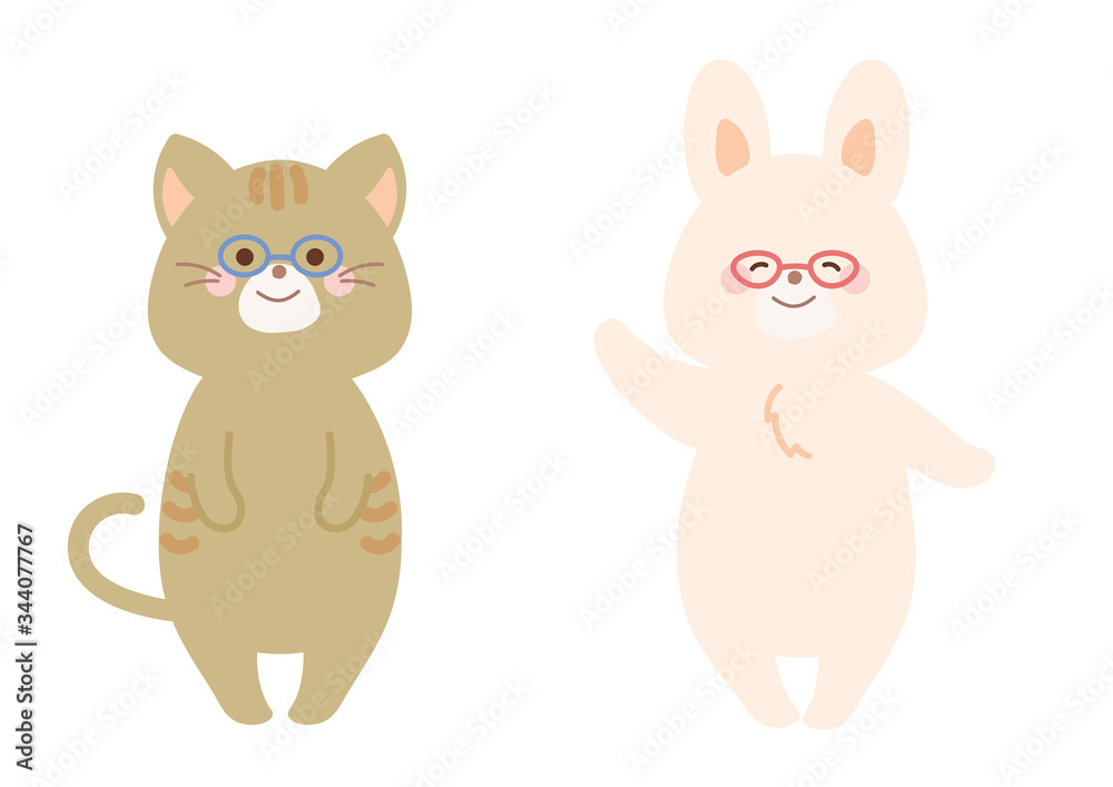 Obraz premium メガネをかけた猫とうさぎ