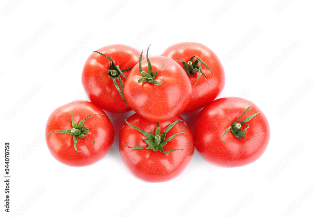 Fresh ripe organic tomatoes isolated on white, top view Fresh ripe organic tomatoes isolated on white, top view