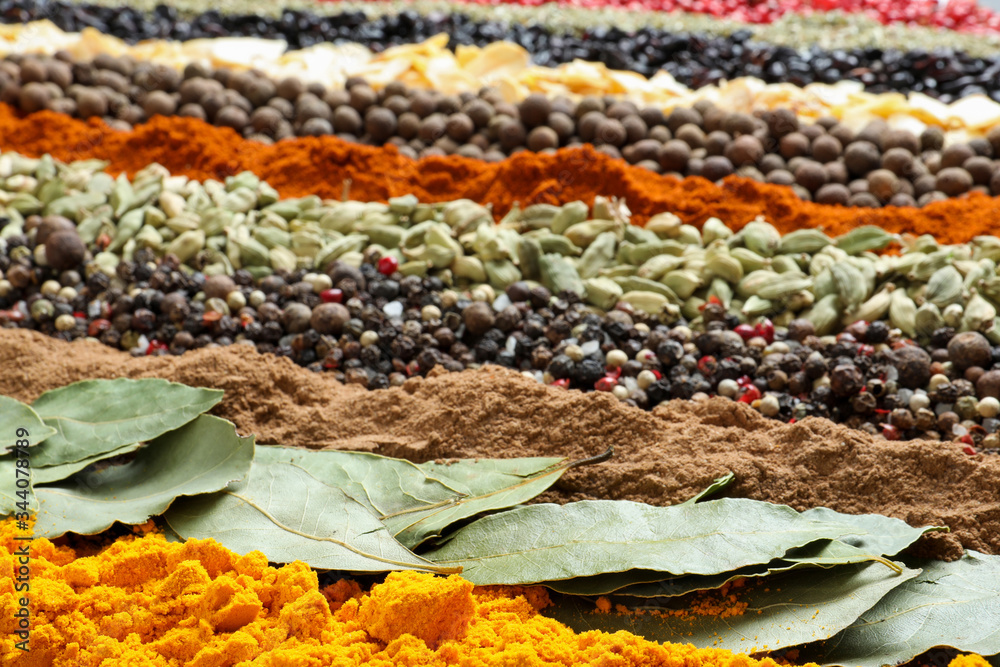 Fototapeta premium Set of different spices as background, closeup