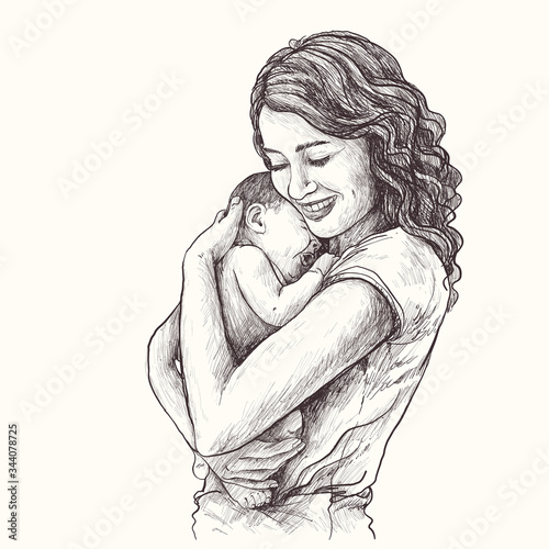 Vector Hand Drawn. Sketch Botanical Illustration. Mother with a baby. Woman holds baby in her arms.
