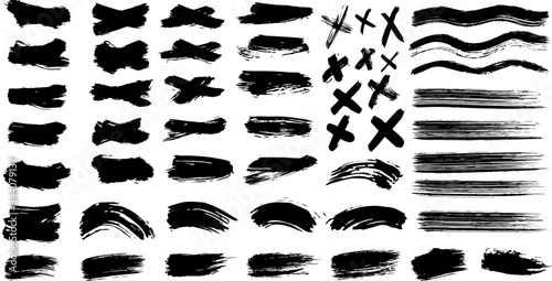 Textured abstract black strokes set isolated on imitation transparent background. Grungy painted lines. Vector.