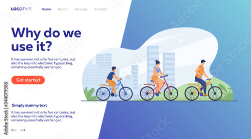 Family riding bikes in city park. Young couple with child cycling outdoors. Vector illustration for urban activity, healthy lifestyle, vacation concept