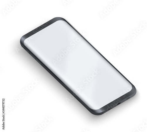 Smartphone UI presentation mockup. Example frameless black model smartphone with touchscreen showcase. Technology application mockup. Vector Illustration isolated on white background.
