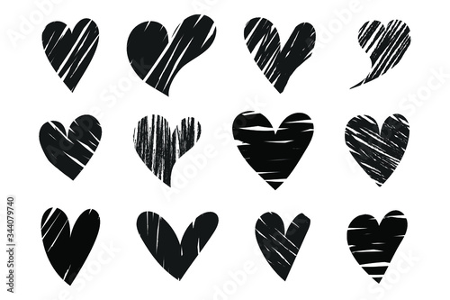 Vector Heart shape frame with brush. Heart hand drawn icons set isolated on white background. For poster, wallpaper and Valentine's day. Collection of hearts, vector illustration