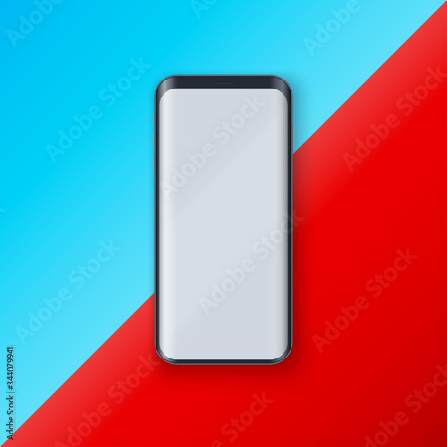 Smartphone layout presentation mockup in Contemporary style. Example frameless model mobile phone with touchscreen on art background. Project application mockup. Vector Illustration