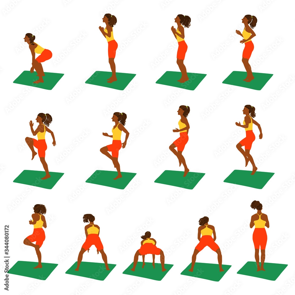 Woman doing her workout.Hand drawn flat style set.Young afro american girl doing fitness on the mat. Illustration of jumping and doing exercises woman. Concept of sport and healthy lifestyle.