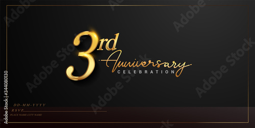 3rd anniversary celebration logotype with handwriting golden color elegant design isolated on black background. vector anniversary for celebration, invitation card, and greeting card