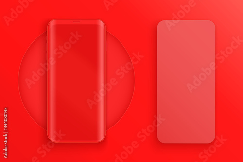 Smartphone two layout presentation mockup in red color. Example frameless model mobile phone with touchscreen. Project application mockup. Vector Illustration