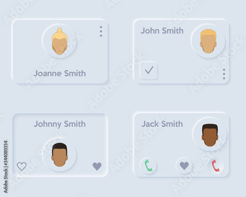 Neumorph UI kit layout. Phone book and contact list. Light color set. Skeuomorph Trend Design. Vector illustration.
