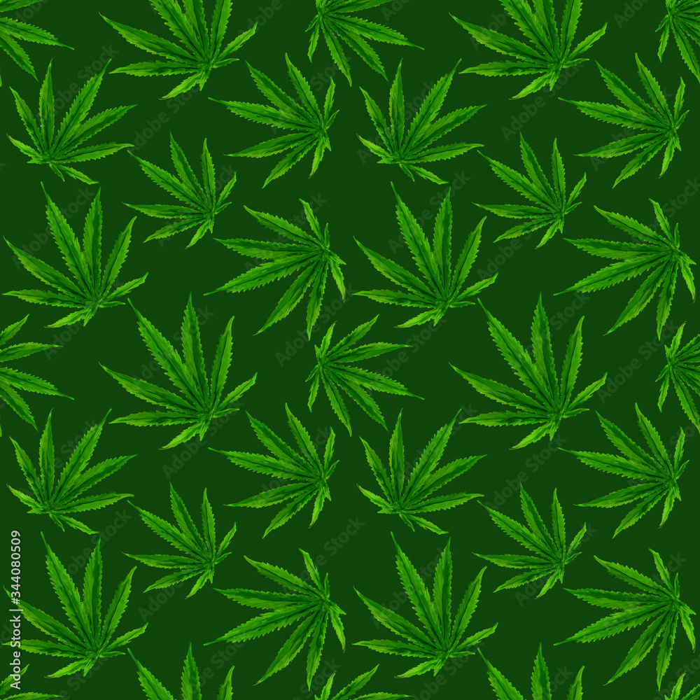 Marijuana gouache seamless pattern . Hemp marijuana, hemp leaves on green background. Green smoke hashish narcotic Marijuana gouache seamless pattern . Hemp marijuana, hemp leaves on green background. Green smoke hashish narcotic