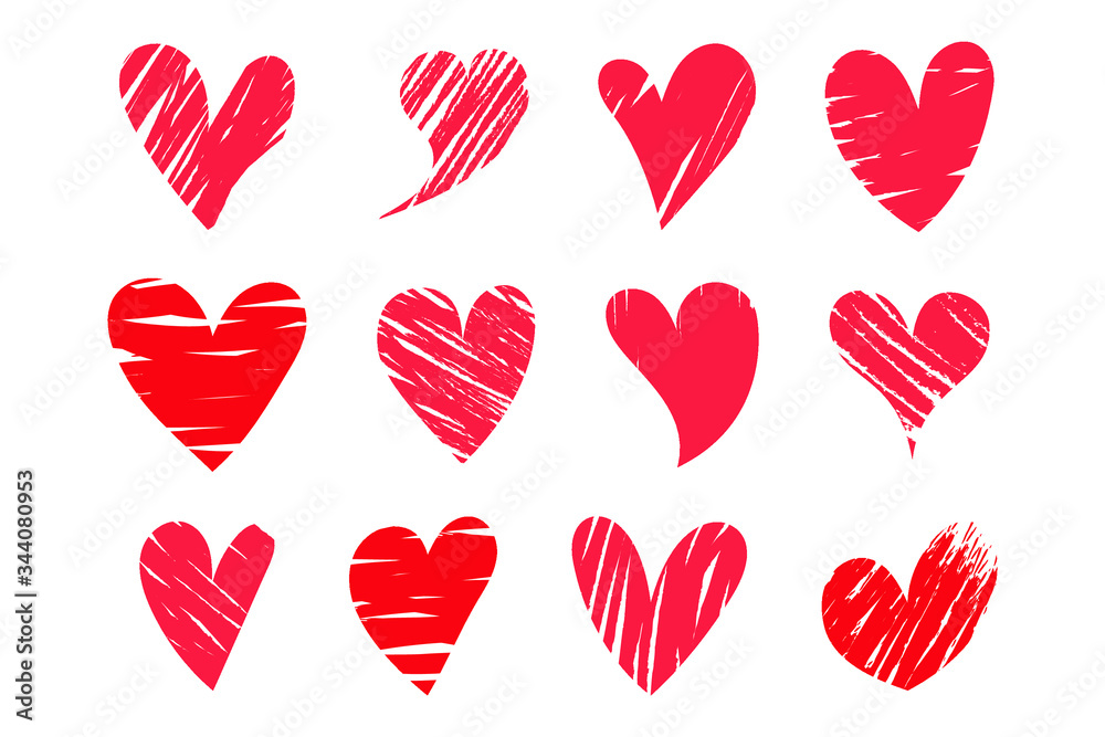 Vector red Heart shape frame with brush. Heart hand drawn icons set ...