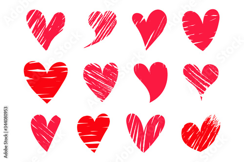 Vector  red Heart shape frame with brush. Heart hand drawn icons set isolated on white background. For poster, wallpaper and Valentine's day. Collection of hearts, vector illustration