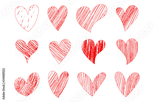 Vector  red Heart shape frame with brush. Heart hand drawn icons set isolated on white background. For poster, wallpaper and Valentine's day. Collection of hearts, vector illustration