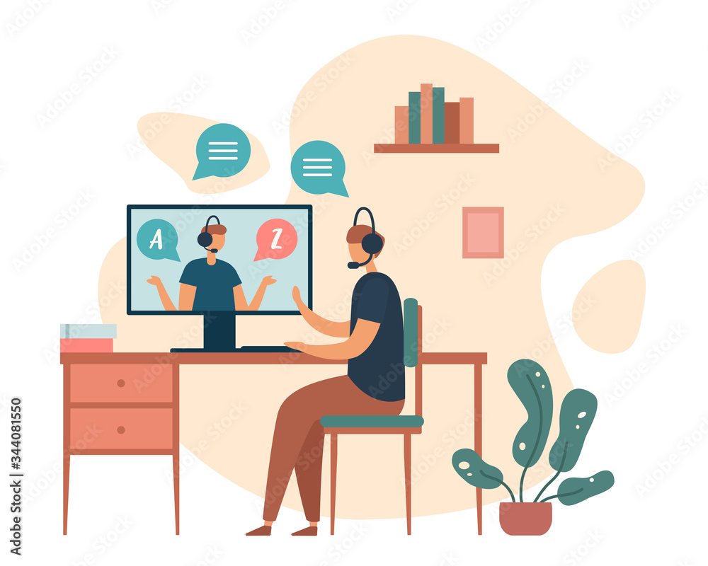 Fototapeta premium Teenager learning language via computer studying at home