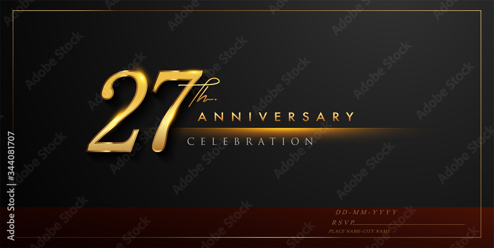 27th anniversary celebration logotype with handwriting golden color elegant design isolated on black background. vector anniversary for celebration, invitation card, and greeting card