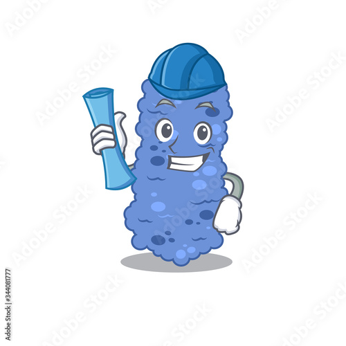 Cartoon character of burkholderia bacteria brainy Architect with blue prints and blue helmet
