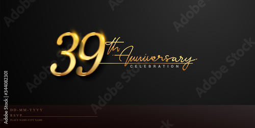 39th anniversary celebration logotype with handwriting golden color elegant design isolated on black background. vector anniversary for celebration, invitation card, and greeting card