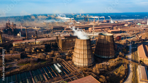 metallurgical production plant full cycle smoke from pipes bad ecology aerial photography