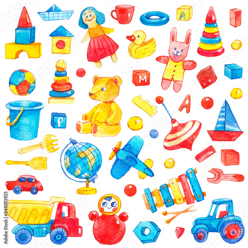 Kids toys collection set, colorful icons; teddy bear, doll, truck, balls, bricks, car, globe, airplane, yellow duck. Watercolor illustration isolated on white background.
