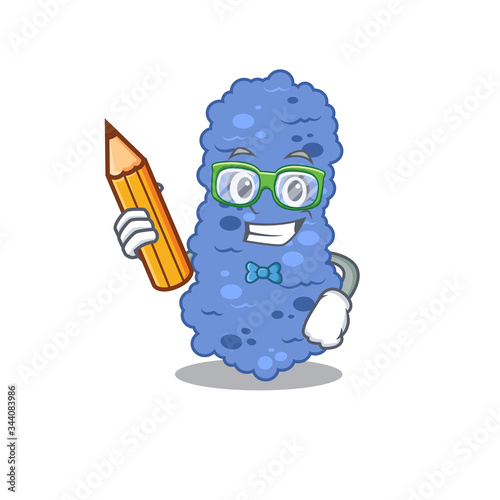 A brainy student burkholderia bacteria cartoon character with pencil and glasses
