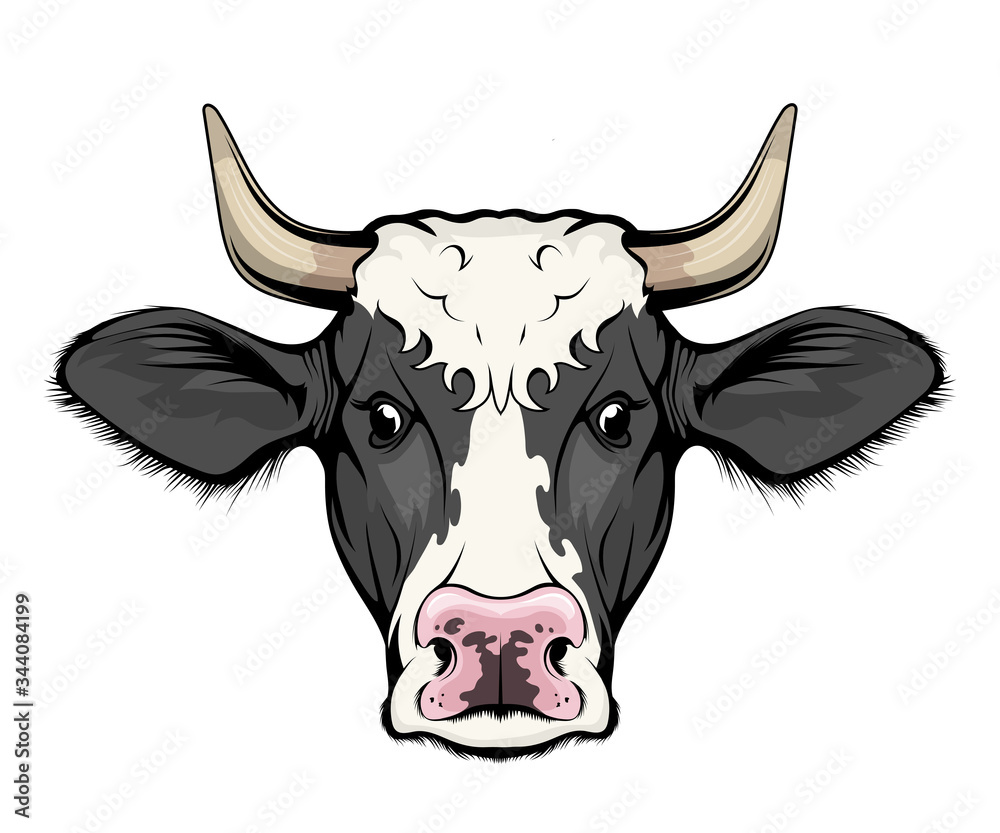 Cow. Cattle. Farm animal. Figure of a cow with horns - farming emblem sketch tattoo, mascot, logo, t-shirt or hunter club symbol. Milch cow. Domestic animal.