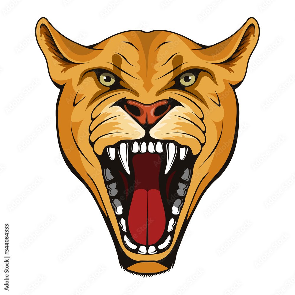 Puma, lynx, lioness. Panther with angry face expression. Puma head mascot  logo. lioness Mascot Color Logo. lynx Tattoo. Angry animal sports mascot.  Wild cats. Logo animal for tattoo or T-shirt print Stock