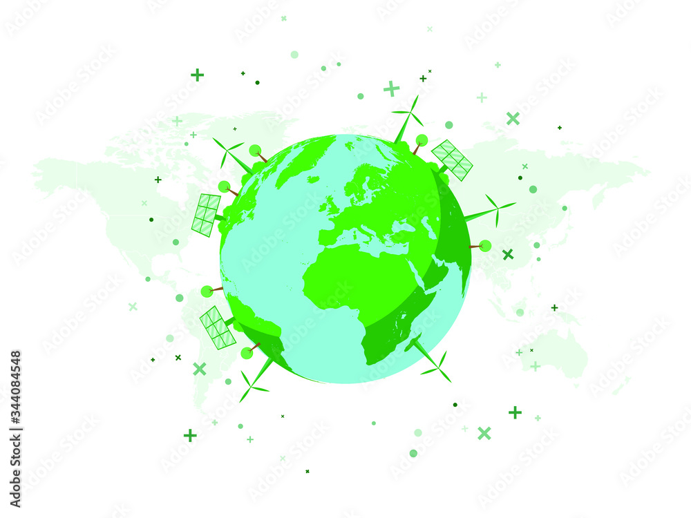 Green Environment on Earth. Design Concept for Green Future. Wind Powers and Solar Panels on Earth Globe. Vector Illustration Green Environment on Earth. Design Concept for Green Future. Wind Powers and Solar Panels on Earth Globe. Vector Illustration
