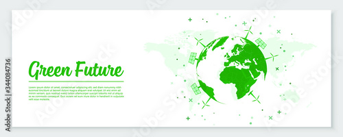 Green Environment on Earth. Banner Design Concept for Green Future. Wind Powers and Solar Panels on Earth Globe. Vector Illustration