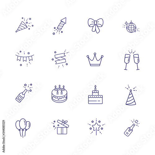 Birthday party line icon set. Decoration, cake with candles, champagne. Celebration concept. Can be used for topics like wedding, surprise, holiday, anniversary
