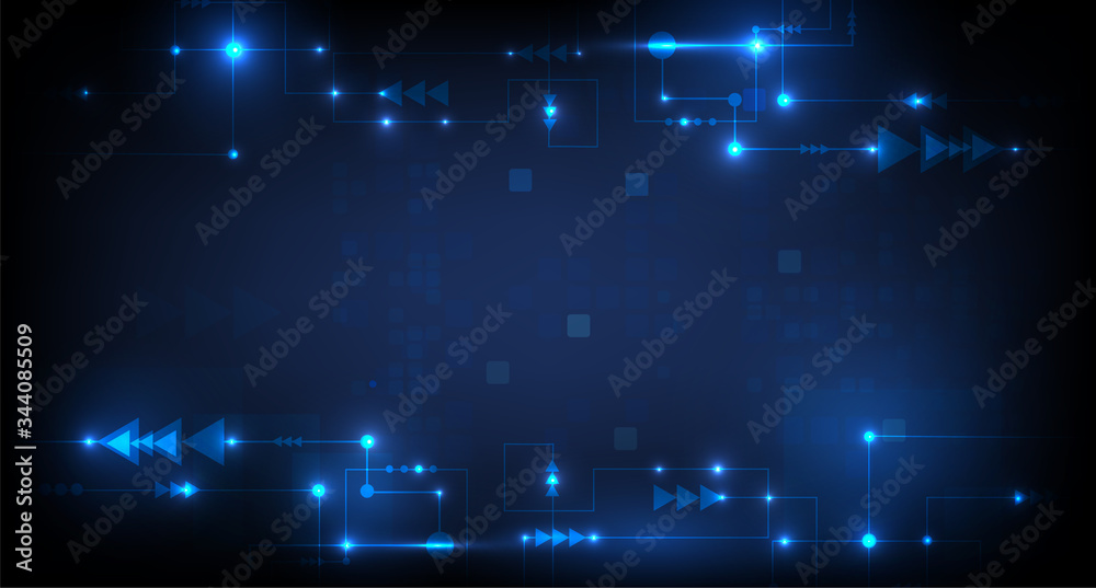 circuit board with arrow on blue background technology.