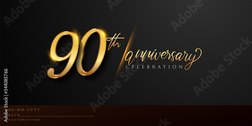 90th anniversary celebration logotype with handwriting golden color elegant design isolated on black background. vector anniversary for celebration, invitation card, and greeting card