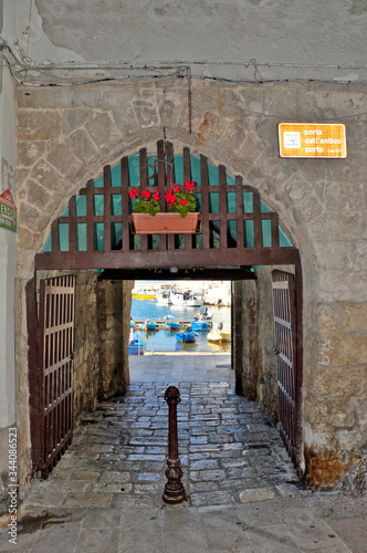 Obraz na plátně The entrance door in the ancient port of the old town of Monopoli, Italy