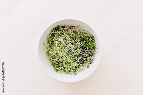 Bowl with organic green sprouts on white table.