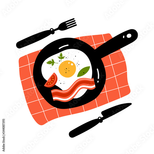 Fried egg and bacon on pan. Breakfast time. Vector illustration. 