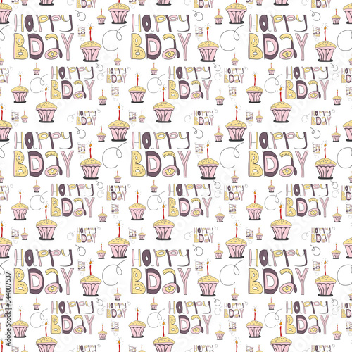 Seamless pattern with doodle cartoon lettering Happy BIRTHDay with cupcake isolated on white background. Illustration for print, textile, fabric, decor, greeting cards.