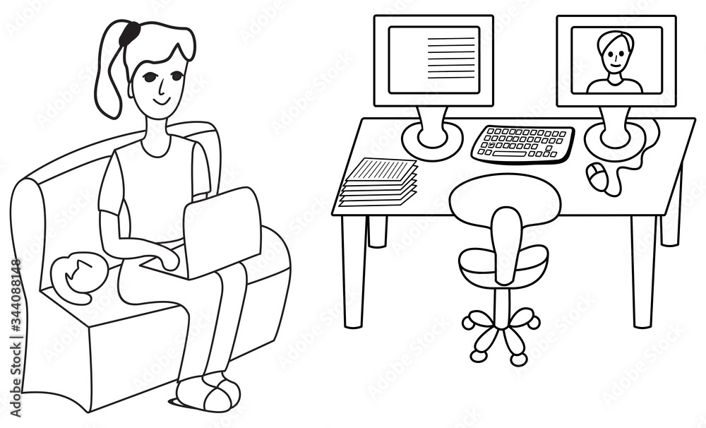 The concept of working at home. A girl is sitting with a laptop on the sofa near a computer table with monitors and a chair, black and white vector illustration