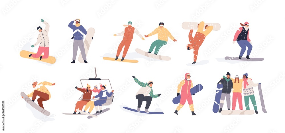 Collection of snowboarders isolated on white background. Extreme winter mountain activity. Set of people wearing outfit riding snowboard. Vector illustration in flat cartoon style Collection of snowboarders isolated on white background. Extreme winter mountain activity. Set of people wearing outfit riding snowboard. Vector illustration in flat cartoon style