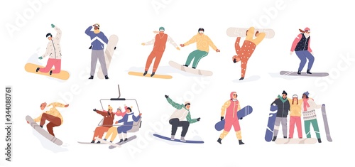Collection of snowboarders isolated on white background. Extreme winter mountain activity. Set of people wearing outfit riding snowboard. Vector illustration in flat cartoon style
