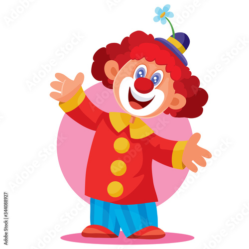 funny clown in a beautiful hat and with red hair on a white background, holiday, fun, childhood, vector illustration