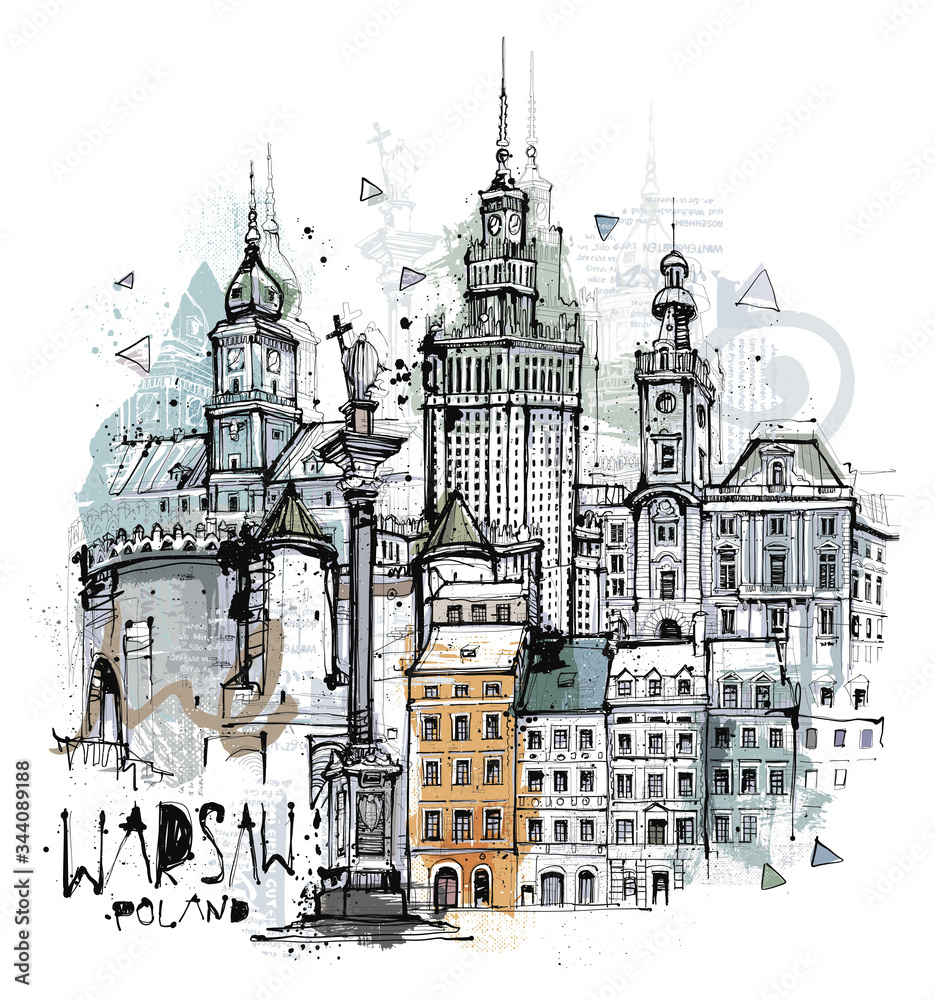 Fototapeta Handgezeichnete Warschau Skizze auf einer Ebene reduziert