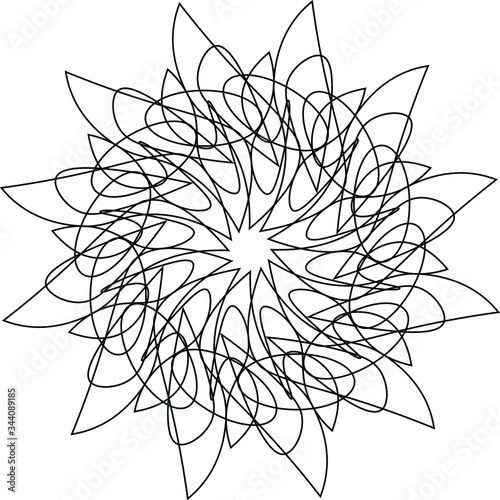 coloring book for adults. Mandala, tracery wheel mehndi design. Ethnic ornament, doodle symmetry texture. Folk traditional spiritual tribal design. Curved shape, isolated on white.