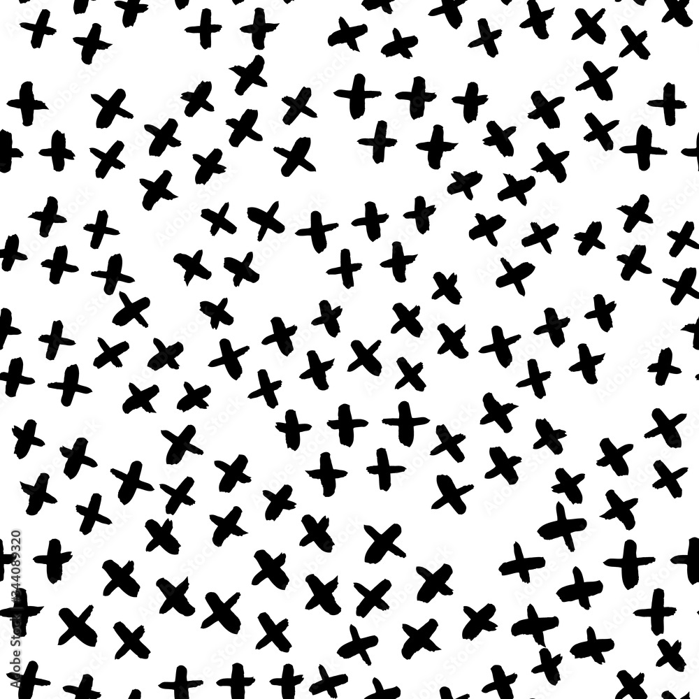 Hand drawn cross motives seamless vector pattern. Black grunge brush strokes on white background for fabric, wallpaper, cards, fashion or backgrounds.