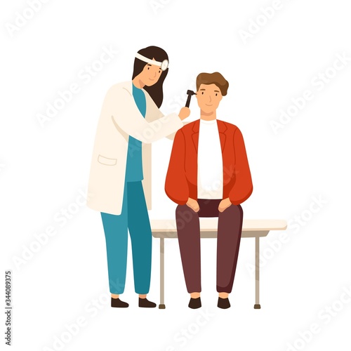 Cartoon female otolaryngologist checking ears of patient use otoscope vector flat illustration. Woman doctor examination male at consultation isolated on white. Medical care and healthcare