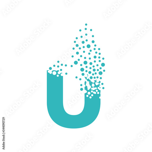 Letter U dispersing into a cloud of bubbles