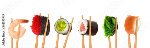 Collage of different sushi rolls and shrimp on white background. Banner design
