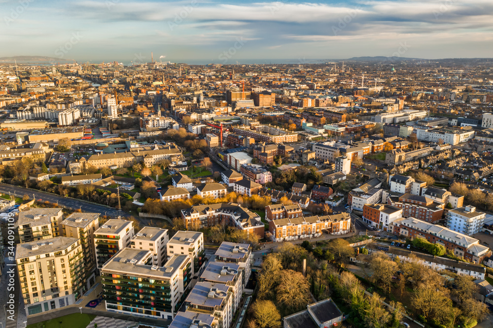 High angle aerial view over Dublin. Irish city drone photography.