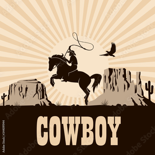 western cowboy silhouette with lasso on horse illustration with mountains