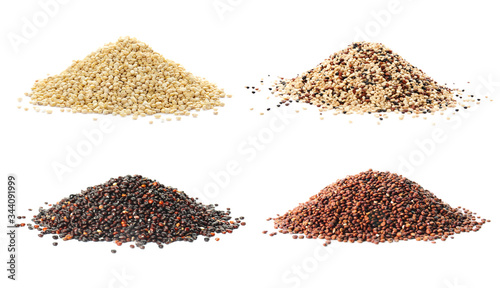 Set with different types of quinoa on white background
